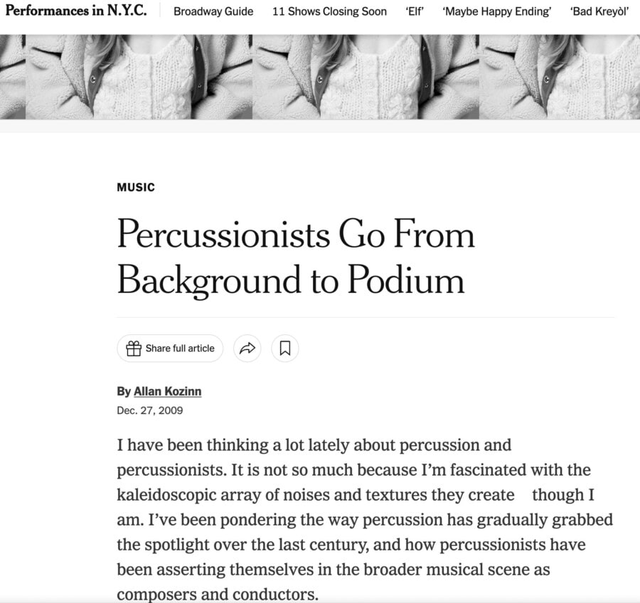 NY Times: Allan Kozinn – Percussionists Go From Background to Podium